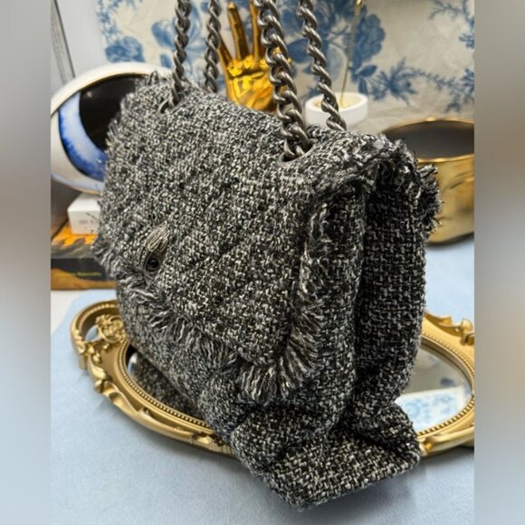 🆕 KURT GEIGER LONDON 🧿 NWOT Large Tweed Kensington Bag, Metallic Black & White - Picture 6 of 16